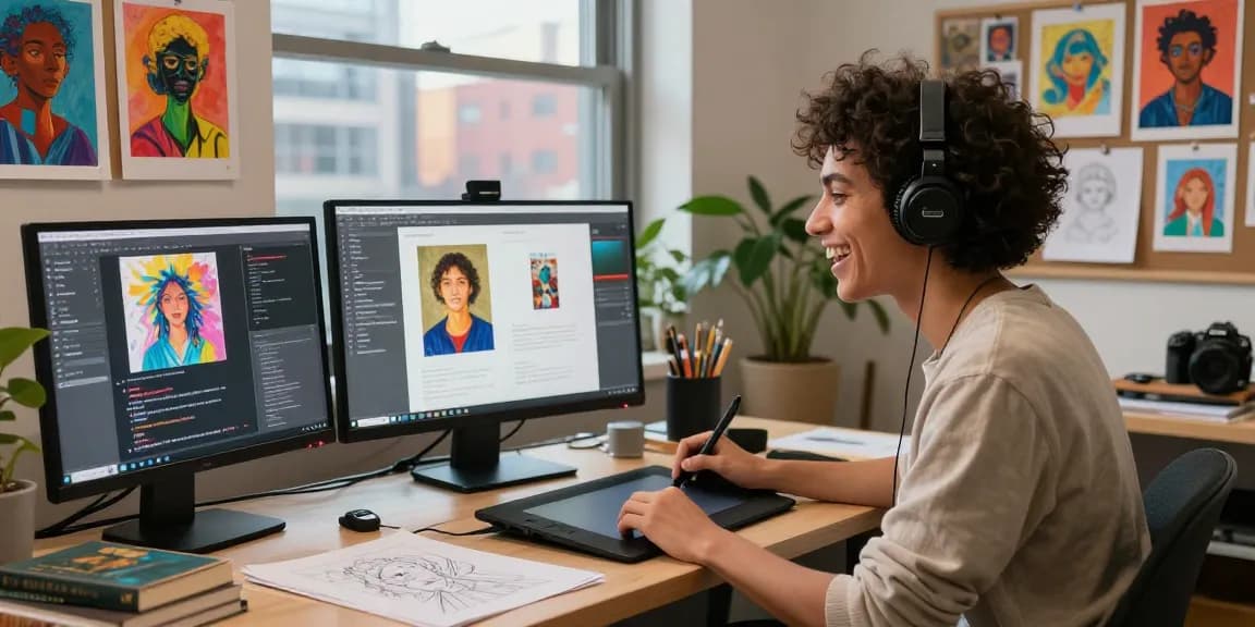 Artist using an image to prompt generator in a creative studio with diverse AI art tools