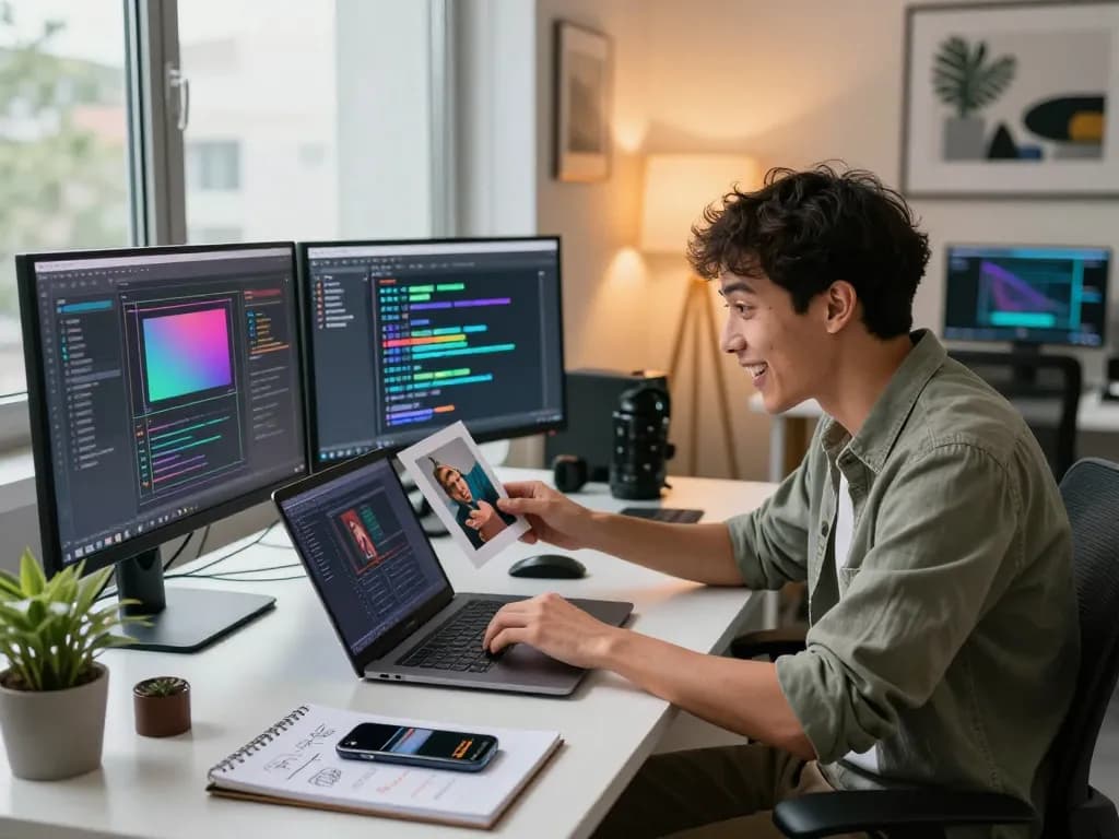 Using image to prompt ai tool in a modern workspace with vibrant AI-generated prompts.