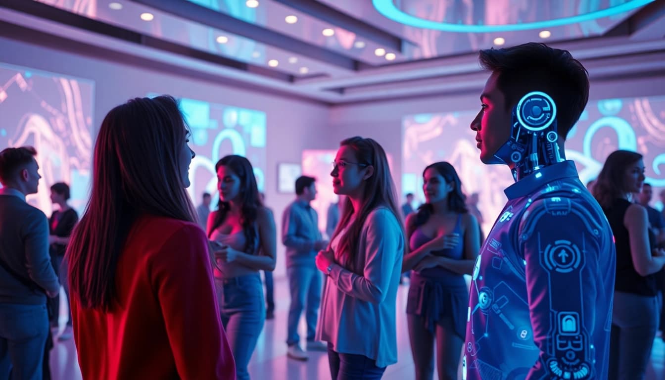 Intimate digital interaction showcasing sex ai technology with humans and AI avatars in a futuristic setting.