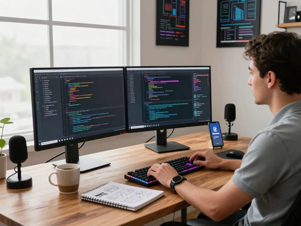 Clawbot developer workspace with dual monitors and coding setup.