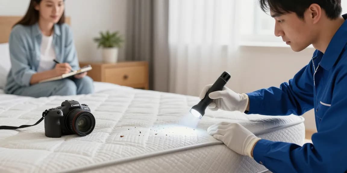 Bed bug pest control inspection in a well-lit bedroom reflecting professionalism and comfort.