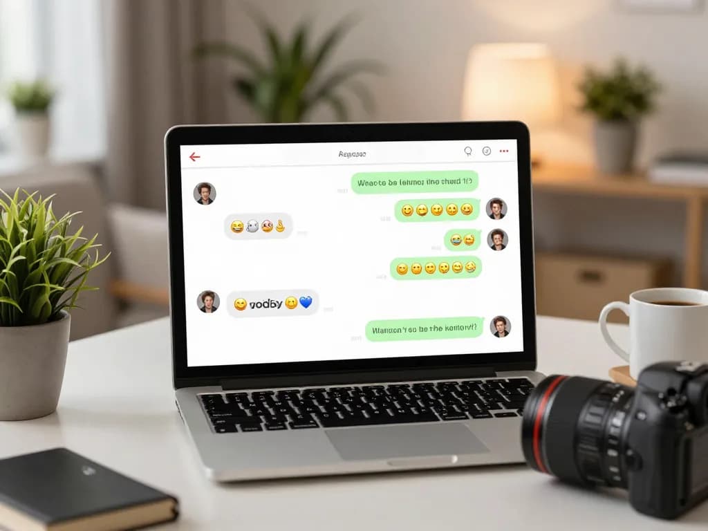 Engaging spicy chat interface in a cozy home office with colorful emojis and a warm atmosphere.