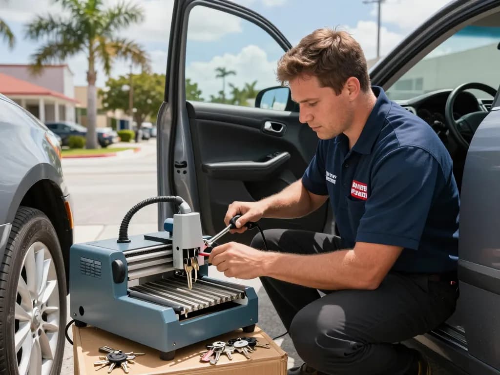 Mobile locksmith Fort Pierce expertly unlocking a vehicle using high-tech tools in a sunny urban setting.