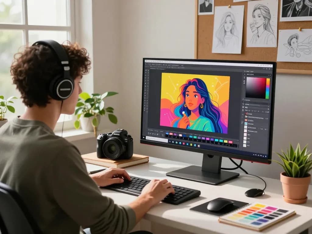 Digital artist working with Nano Banana 2 in a vibrant creative workspace, showcasing innovative AI image editing.