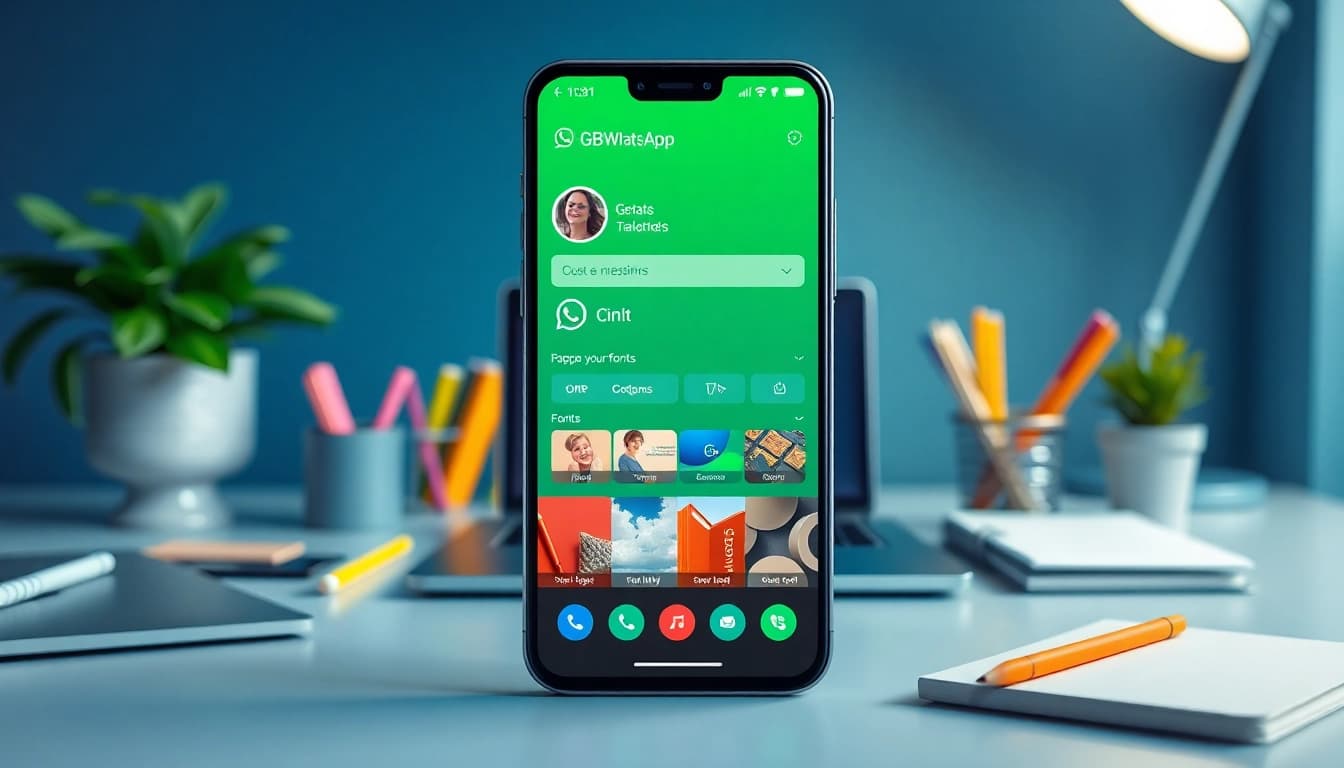 Explore GBWhatsApp's vibrant customization features on a smartphone in a modern workspace.