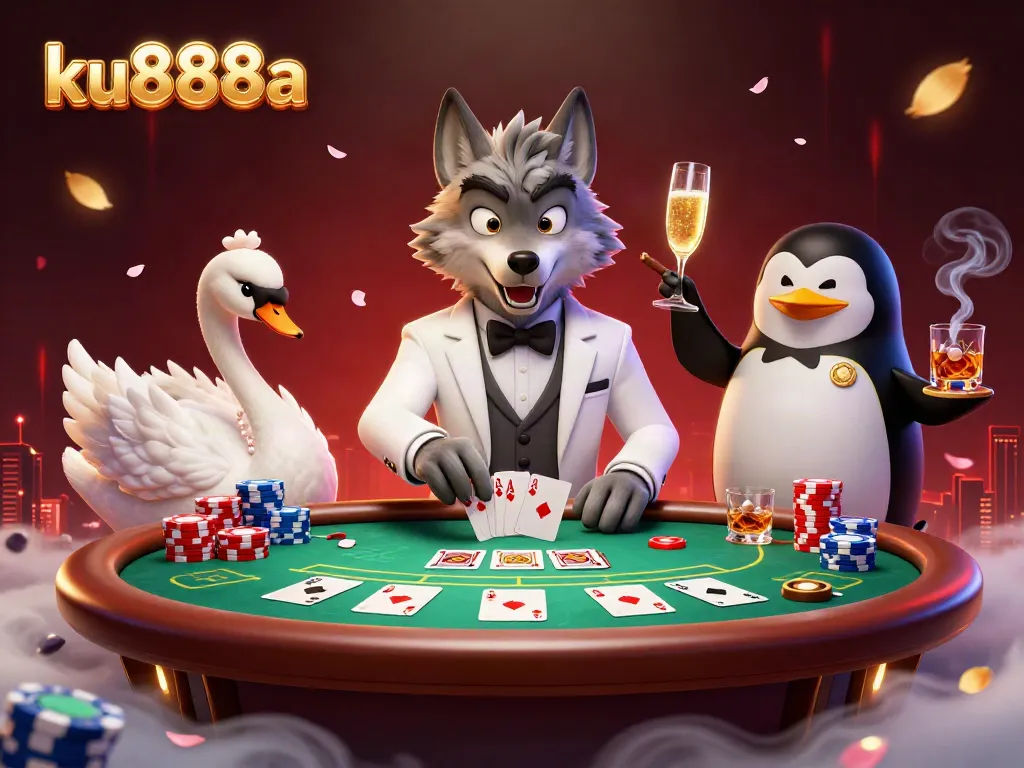Experience thrilling casino action at ku888a with a debonair wolf, elegant swan, and sophisticated penguin.