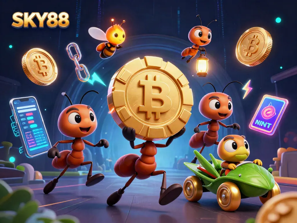 Engage in winnings at SKY88 with colorful 3D ants, golden poker chip, and crypto elements.