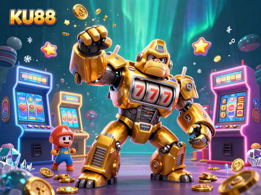 Experience exciting gameplay at KU88 with a vibrant, energetic 3D illustration showcasing thrilling slot machines and gaming elements.