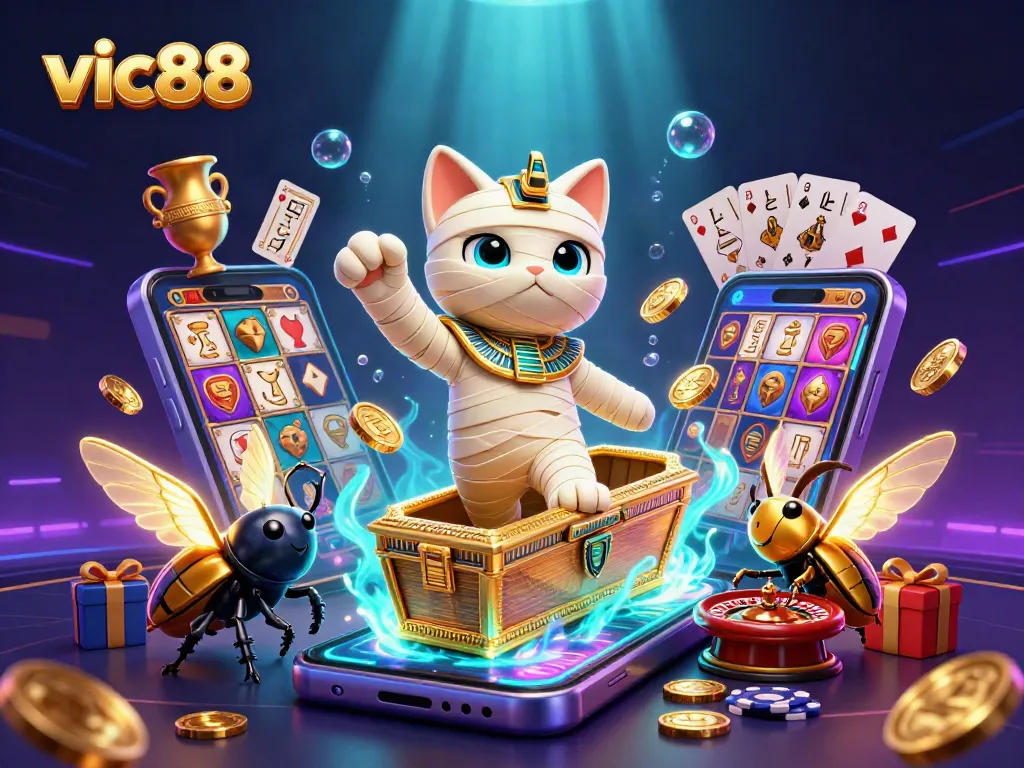 Experience epic gaming action with vic88 featuring a lively scene of a mummy cat and scarab in a vibrant casino.