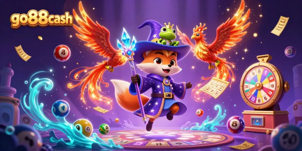 Experience excitement with go88cash in a magical casino scene featuring a wizard fox and phoenix