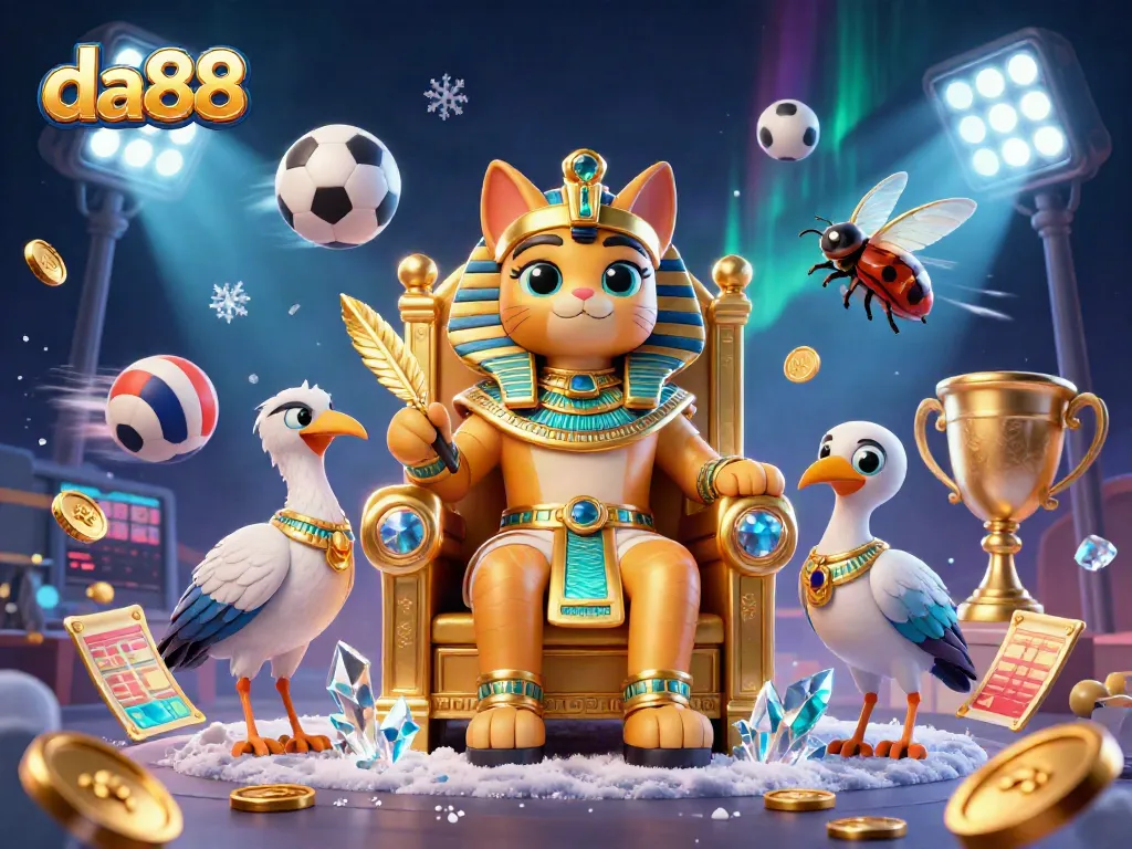 Experience excitement at da88 as a 3D pharaoh cat and scribe celebrate sports and gaming.