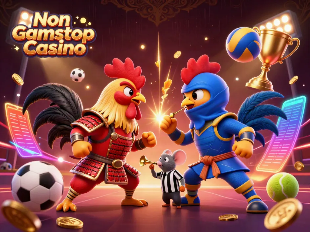 Engage in thrilling action at a Non Gamstop Casino with roosters in an epic showdown amidst dynamic game elements.