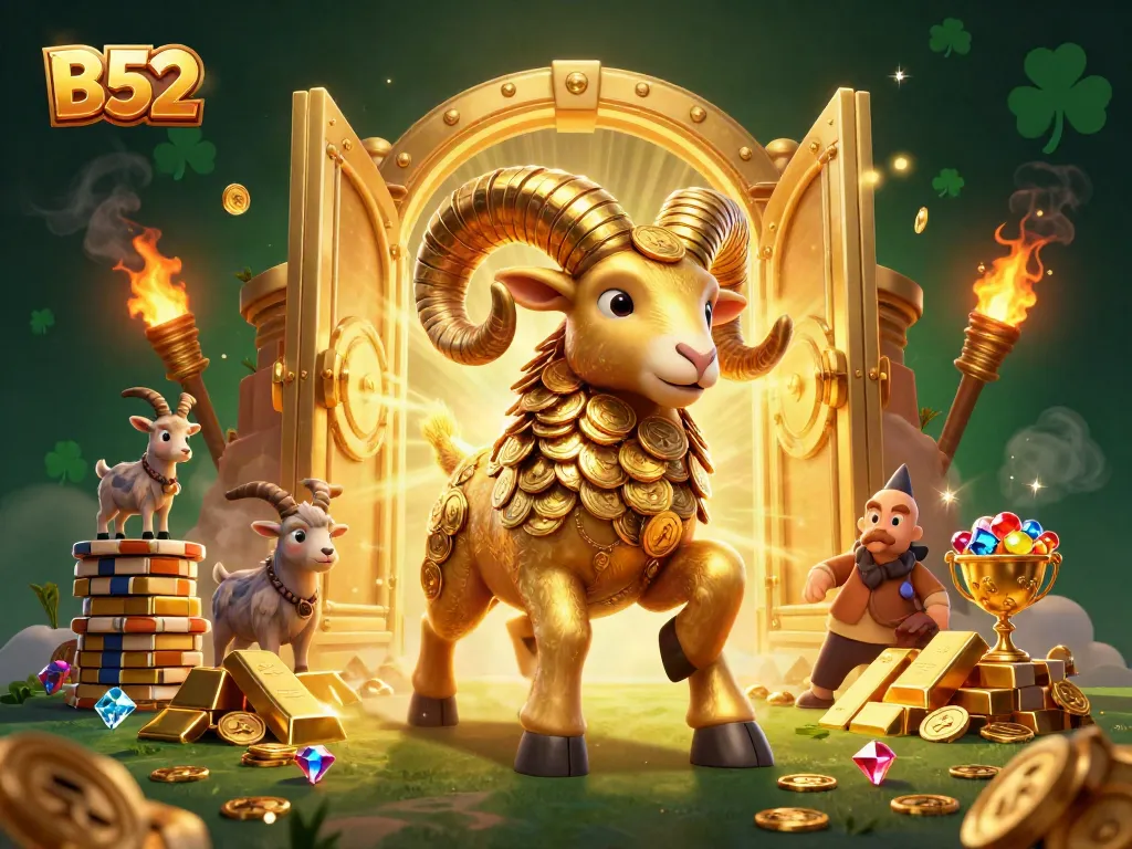 B52 casino scene with golden ram, slot elements, and treasure bursting from vault.