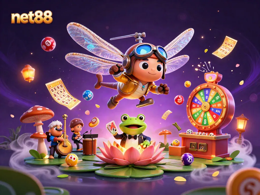 Engage with net88's vibrant 3D casino scene featuring a dragonfly pilot, frog croupier, and jazz musicians.