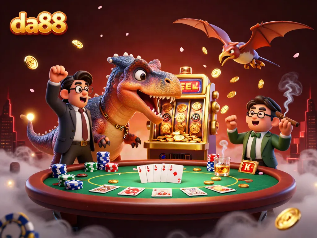 Experience the thrill of da88 with a pachycephalosaurus winning a jackpot at a casino, surrounded by vibrant gaming elements.