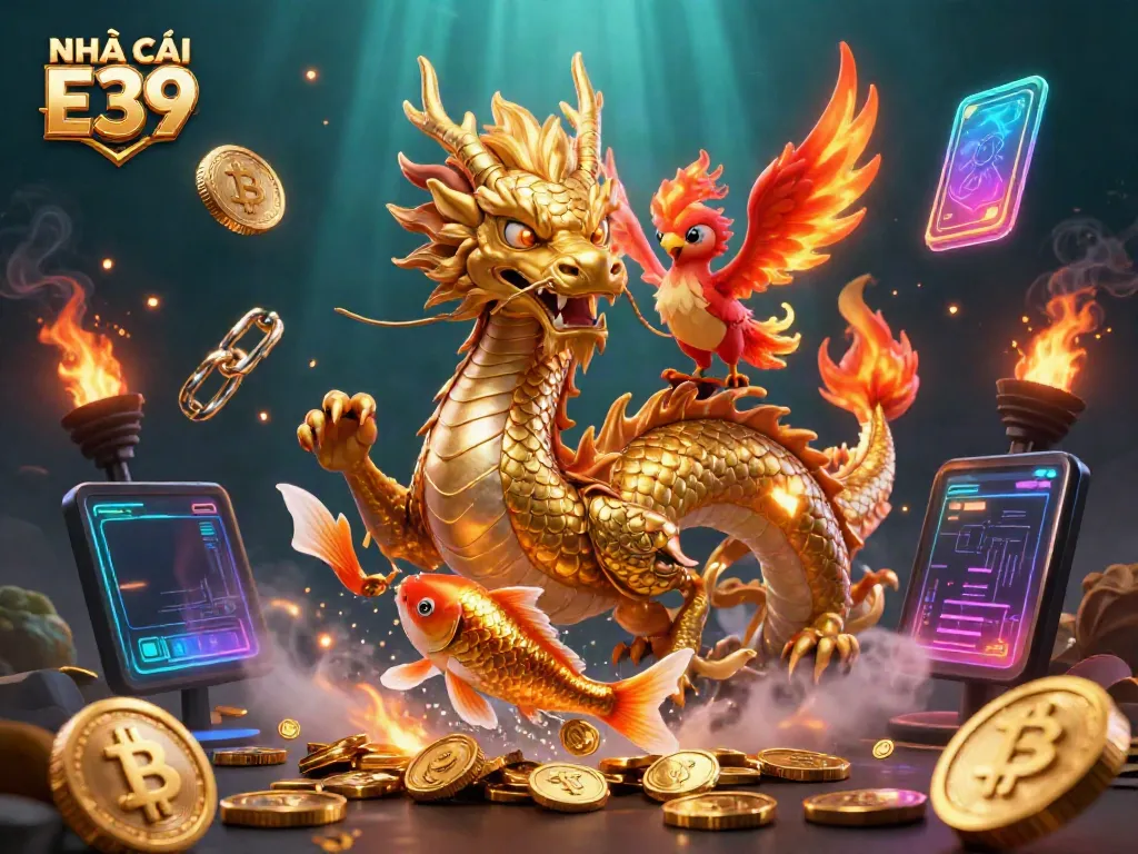 Engage with NHÀ CÁI E39's thrilling gaming experience with a vibrant dragon and phoenix illustration.