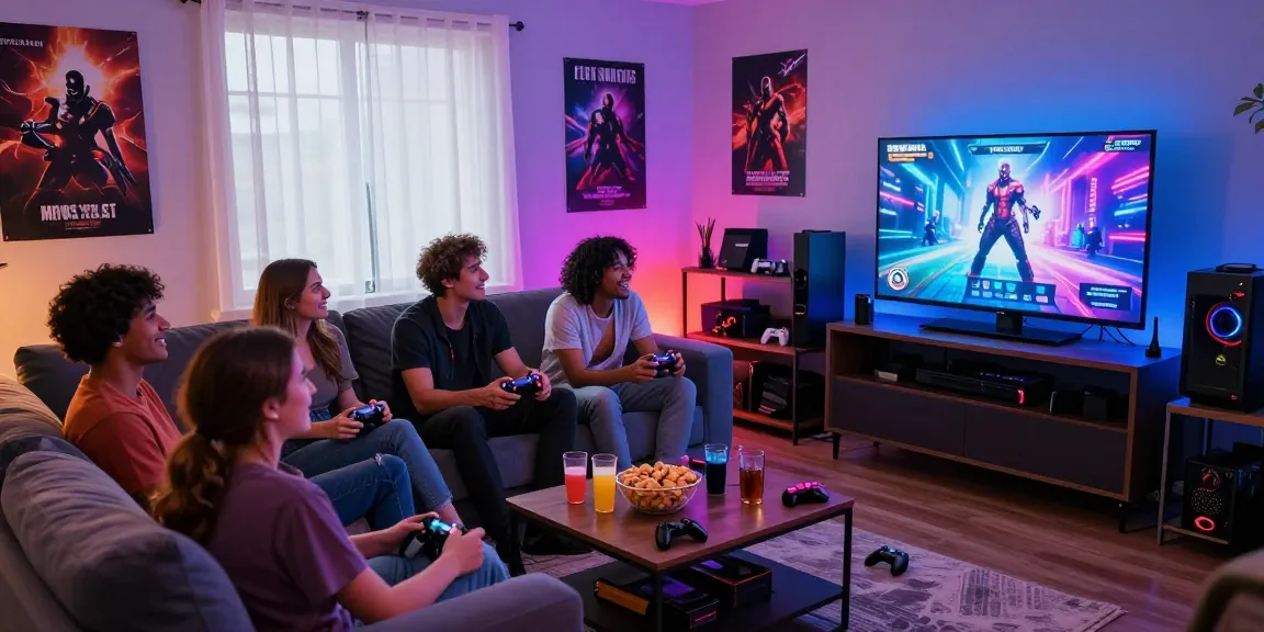 Friends having fun playing a real porn game in a colorful game room.