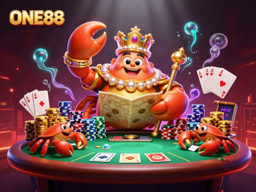 Experience high-stakes poker with ONE88's vibrant casino illustration featuring a golden crab emperor.