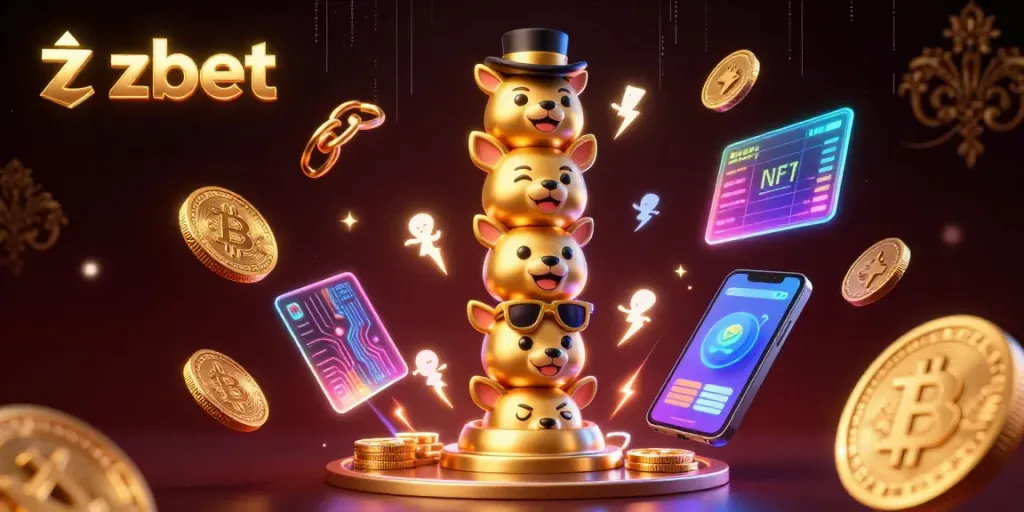 Engage in immersive gaming at zbet's casino with vibrant 3D illustration showcasing unique characters and crypto elements.
