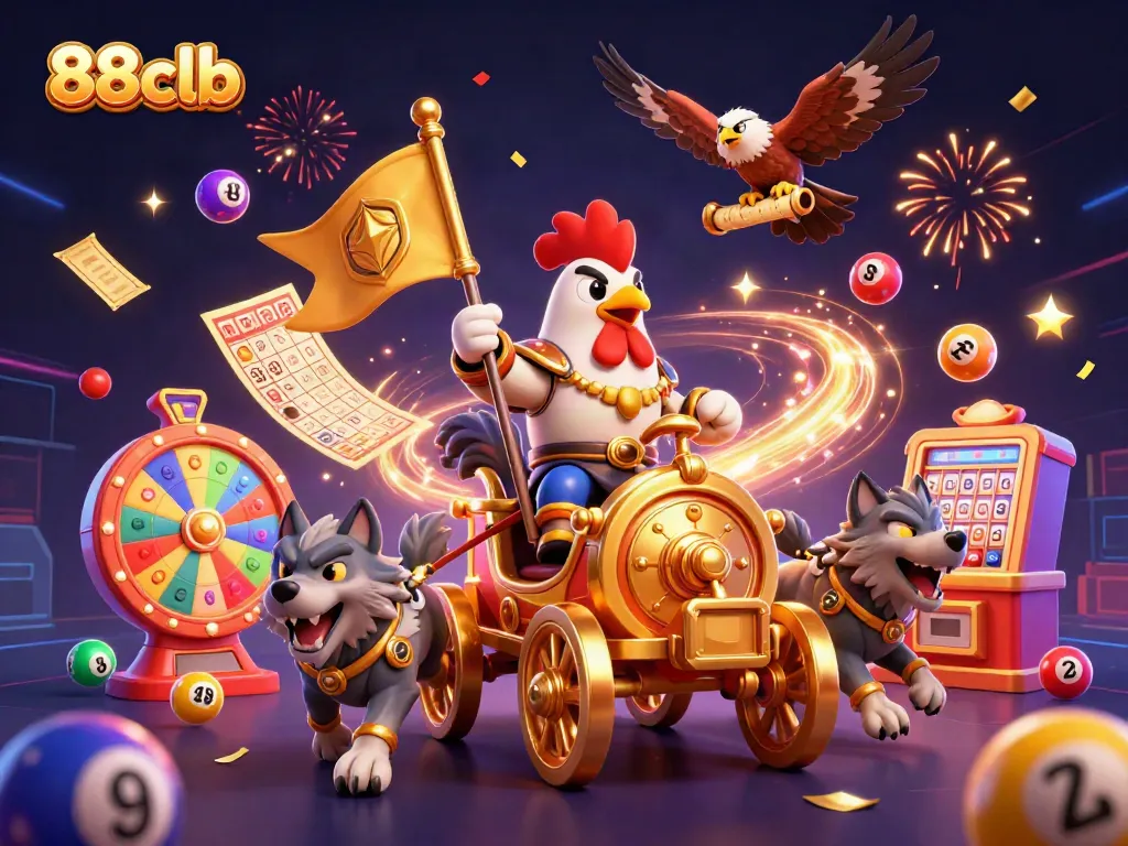 Engage with exciting games at 88clb, featuring lottery balls, a golden war chariot, and festive elements.