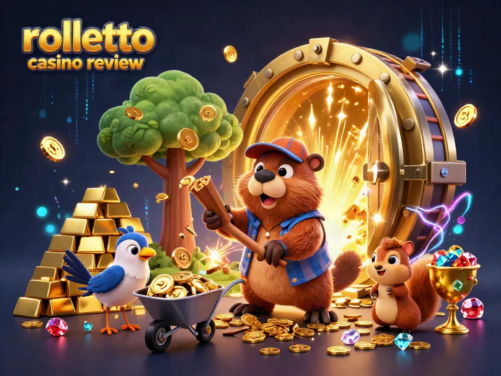 Engage in the rolletto casino review with vibrant imagery of beavers, gambling jewels, and bonuses.