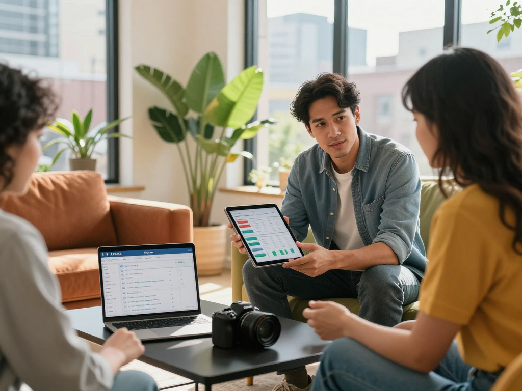 Successful Airbnb host reviewing profits and strategies with team, exploring how much does airbnb charge hosts.
