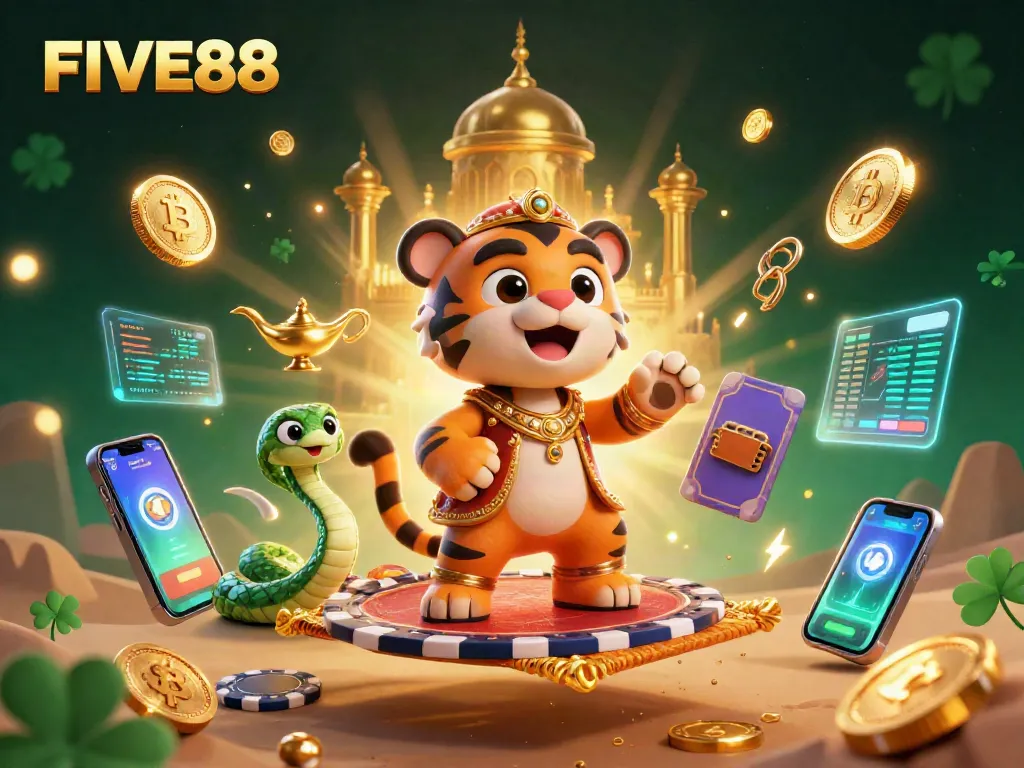 Bet on FIVE88 with a vibrant Arabian-themed illustration showcasing a tiger sultan on a flying poker chip carpet.