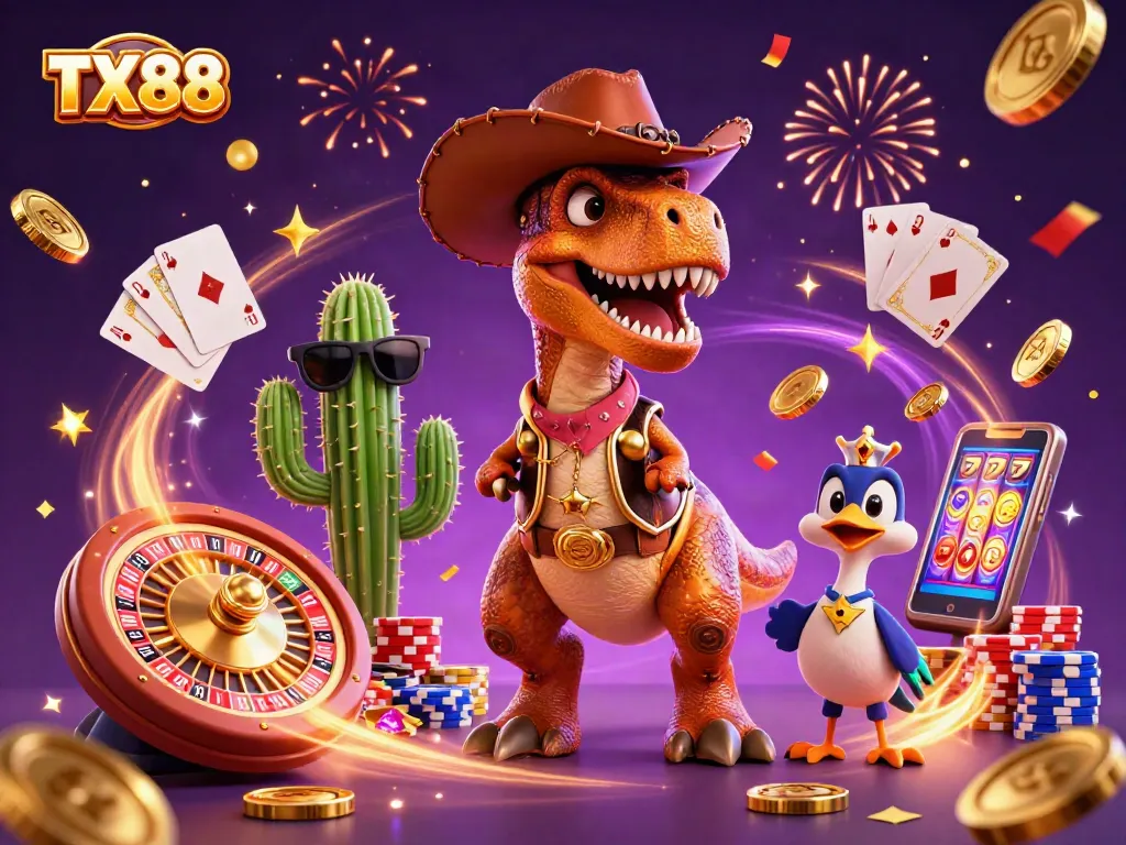Engage in thrilling TX88 online casino action with a vibrant 3D illustration showcasing gambling elements.