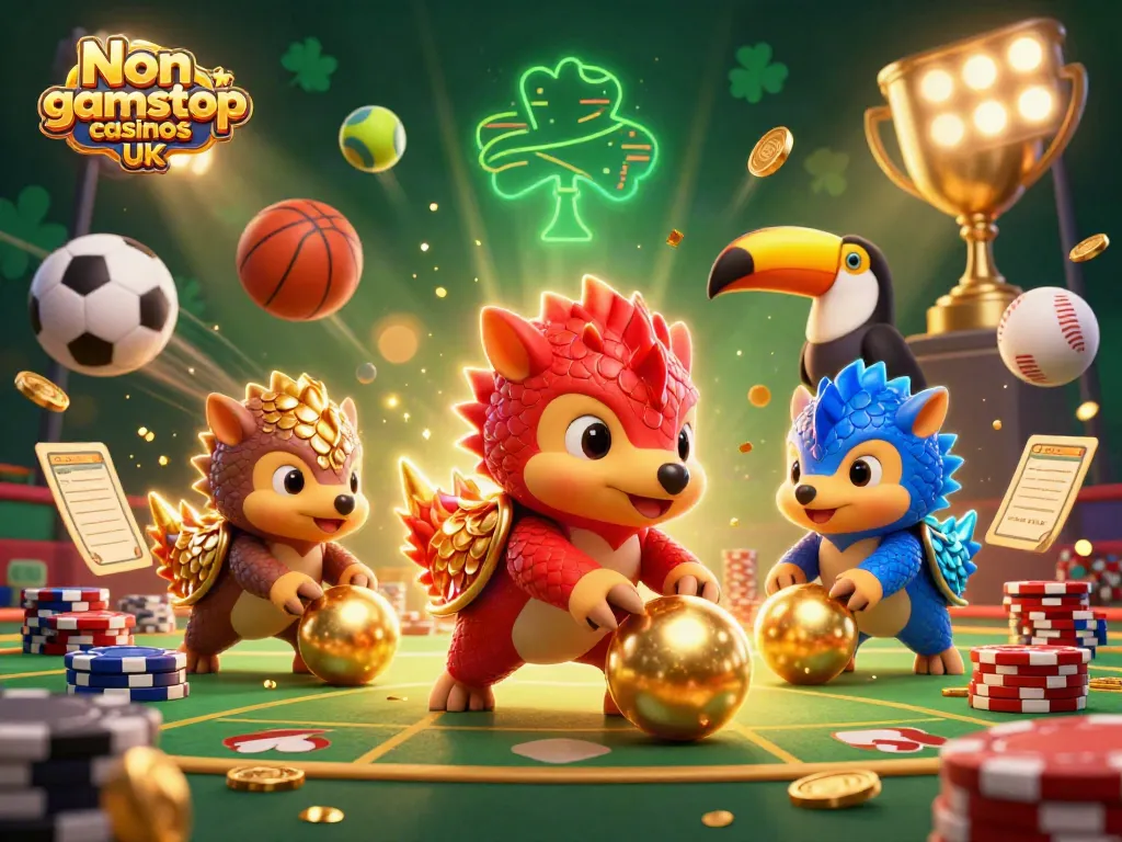 Engaging scene showcasing Non gamstop casinos UK with playful pangolins and dynamic casino elements.