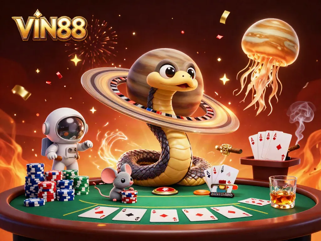 VIN88 players enjoying cosmic roulette with a Saturn ring snake and astronaut mice betting