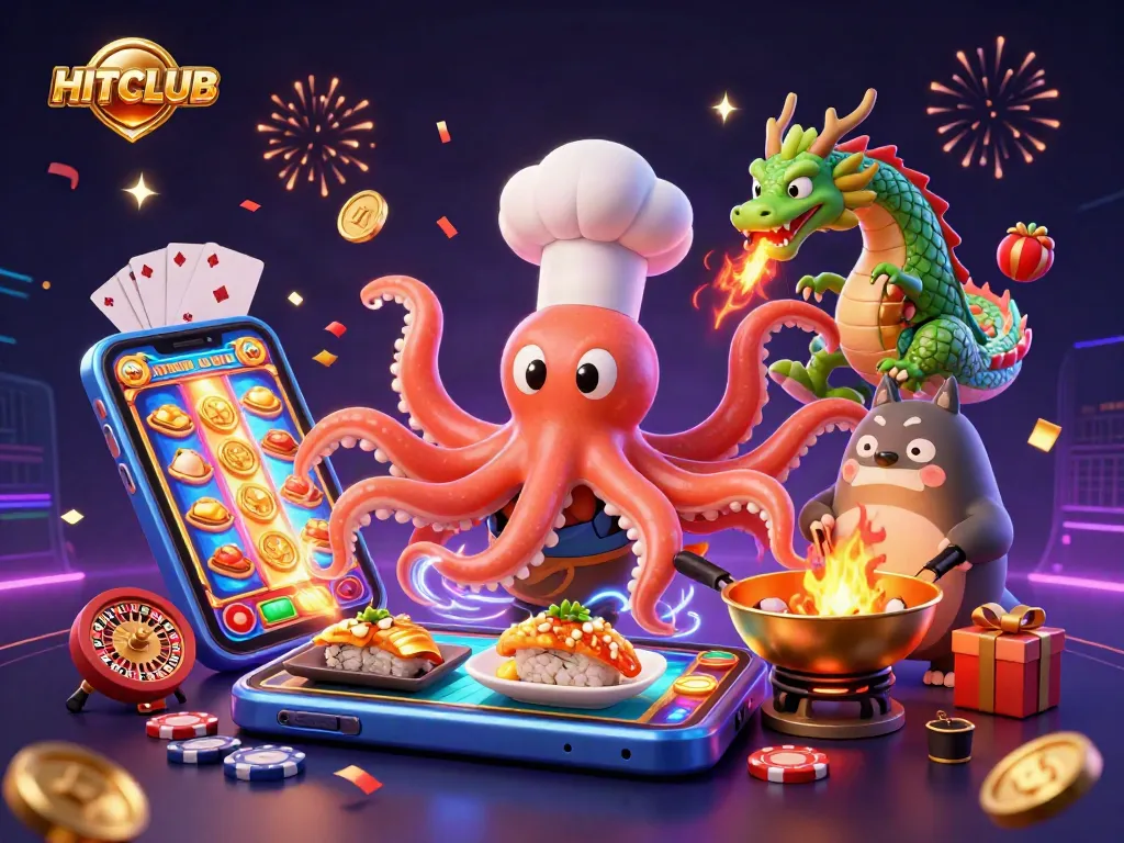 Engage with HITCLUB's vibrant gaming world featuring a sushi chef octopus and dragon, with dynamic casino elements.