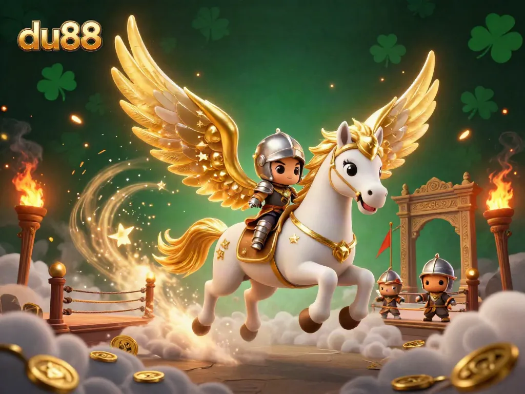 Experience thrilling actions at du88 with a celestial knight and horse amidst casino excitement.