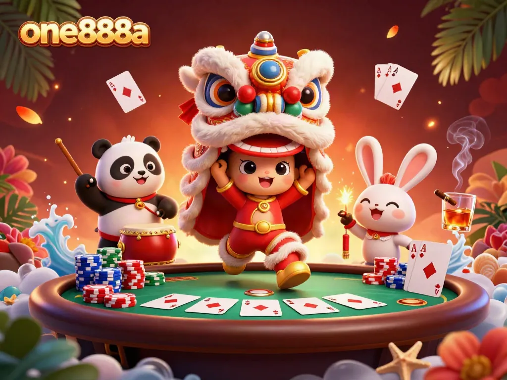 Engage in the thrilling action at one888a with vibrant lion dance and poker atmosphere.