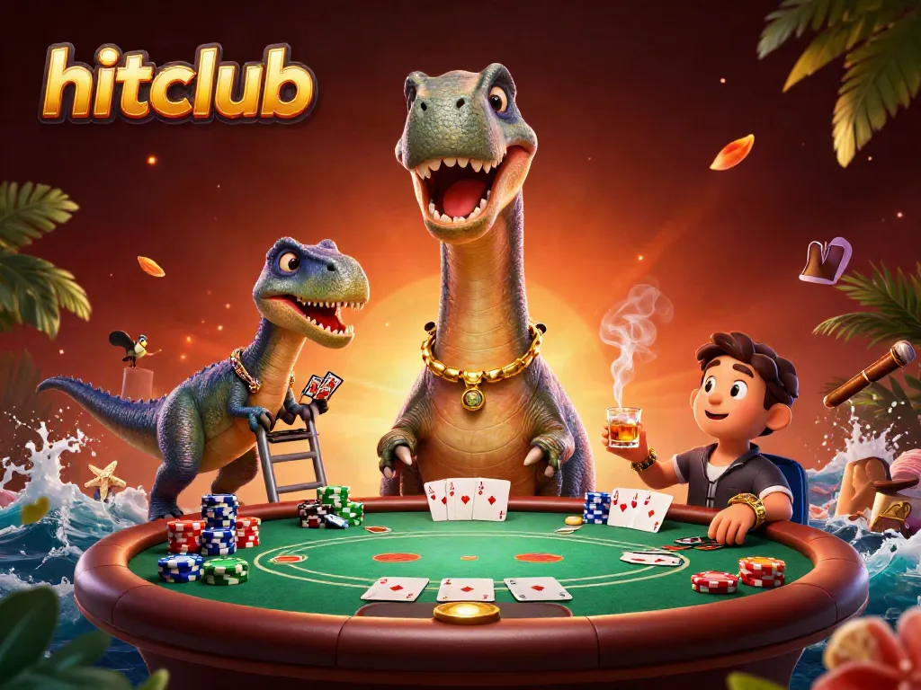 Engage in thrilling games at hitclub with vibrant 3D casino action scene featuring a playful dinosaur dealing cards.