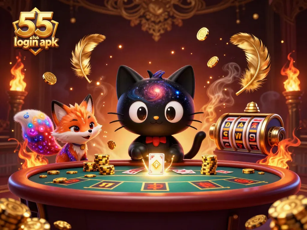 Experience the thrill of the 55 club login apk with a cosmic casino scene of spinning reels and captivating characters.