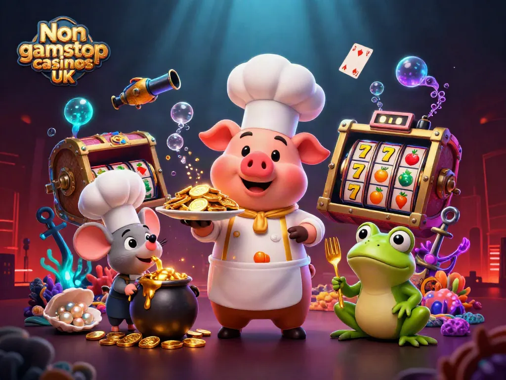 Engaging scene depicting Non gamstop casinos UK with characters celebrating around gold coins and slot machines.