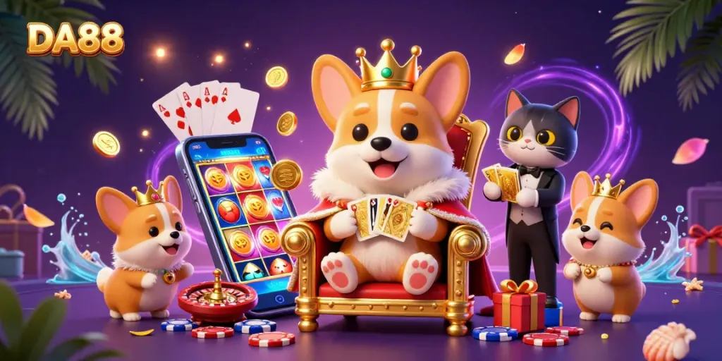 Experience the thrill of DA88 with a vibrant 3D scene showcasing a royal corgi gambling illustration.