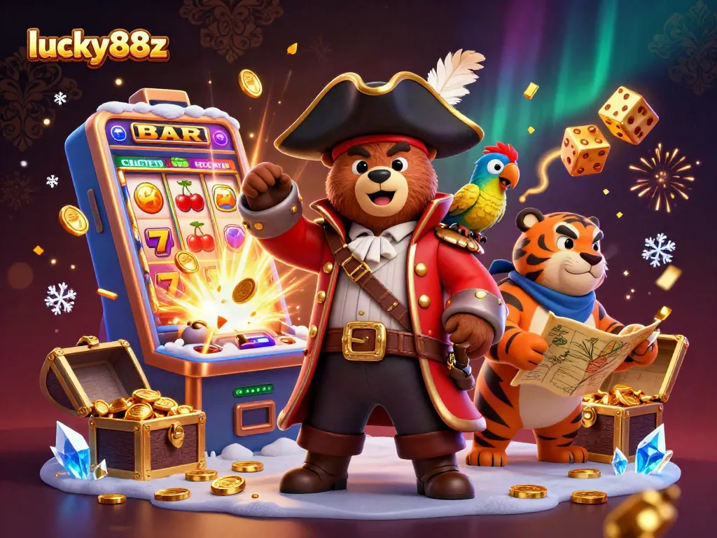 Spin to win with lucky88z in this vibrant 3D casino scene packed with excitement and treasures.