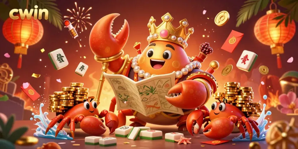 cwin's casino experience comes alive with a golden crab emperor amidst colorful festive elements.