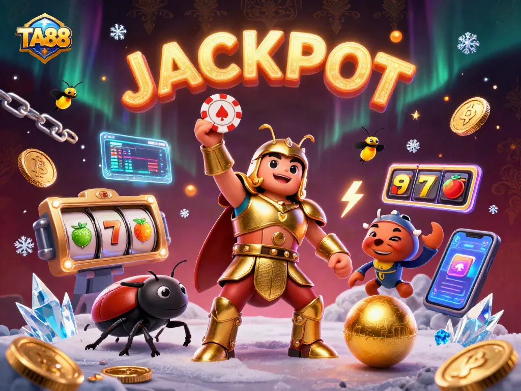 TA88 winning jackpot with cartoon beetles and crypto coins in a vibrant casino scene.