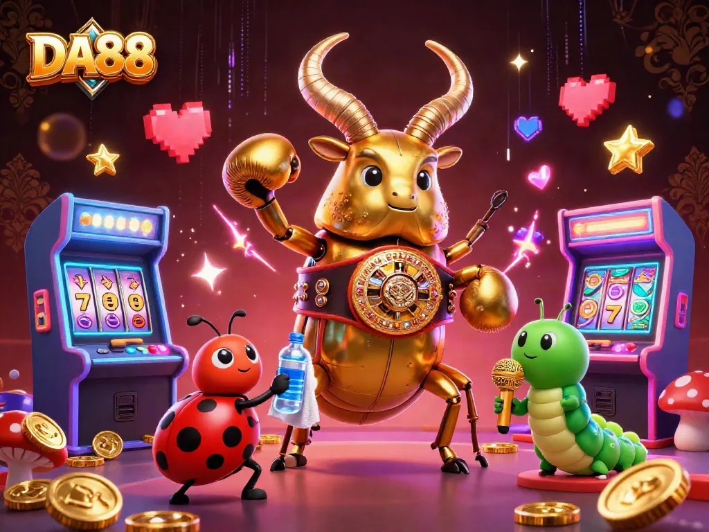 DA88 brings excitement with a giant golden stag beetle boxing champion amid vibrant casino elements.