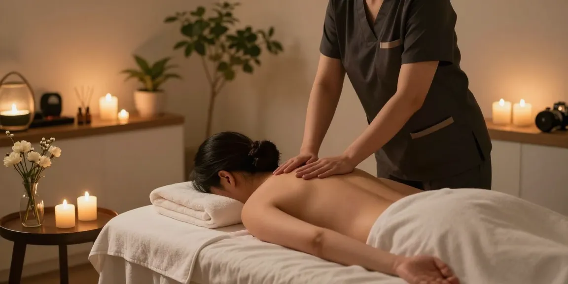 평촌출장마사지 in a serene spa environment with calming lighting and aromatic decor.