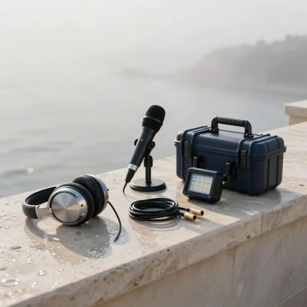 Broadcast audio kit on a misty roof at sunrise, wet stone, headphones, mic, cables, LED panel