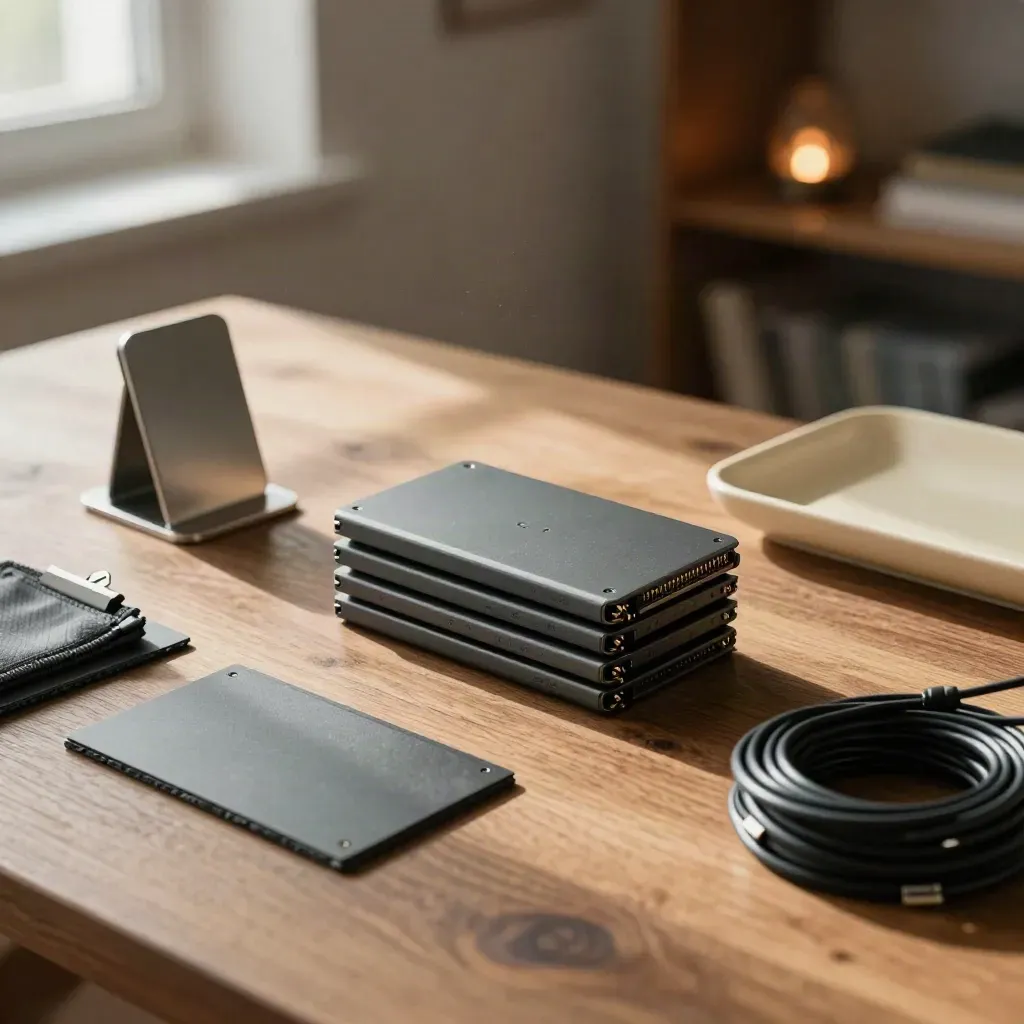Cozy edit-table stack with SSDs, phone stand, slate cards and battery pouch in warm window light