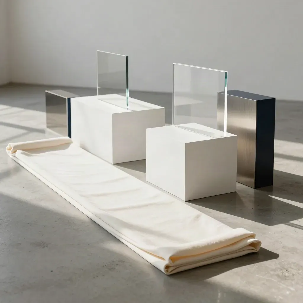 Minimalist launch set with white plinths, muslin, acrylic blocks and a brushed-metal accent in daylight.