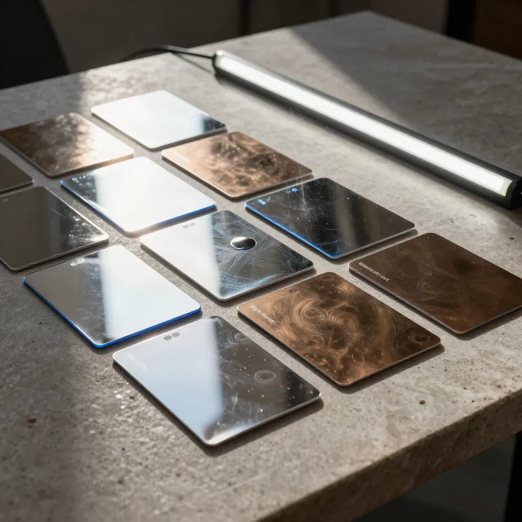Top-down studio flat lay of reflective cards and an LED strip on matte stone, lit dramatically.