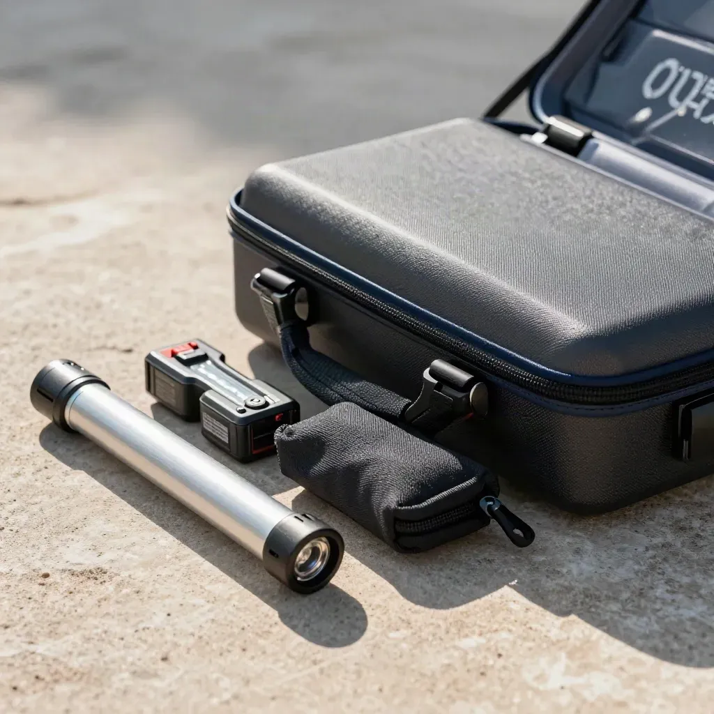 Event capture kit on stone with LED wand, battery blocks, cable pouch and open carry case in haze.