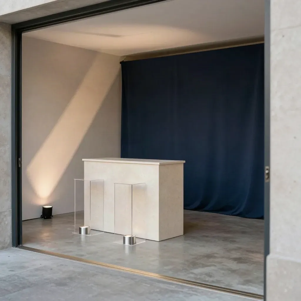 Compact startup launch stage with podium, acrylic risers and navy backdrop in soft venue haze.
