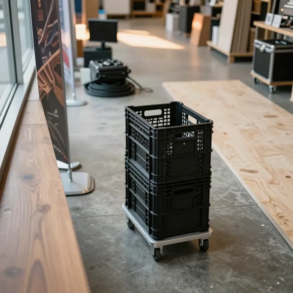 Expo aisle being cleared, with crates, banner bases and a distant recap monitor glow.