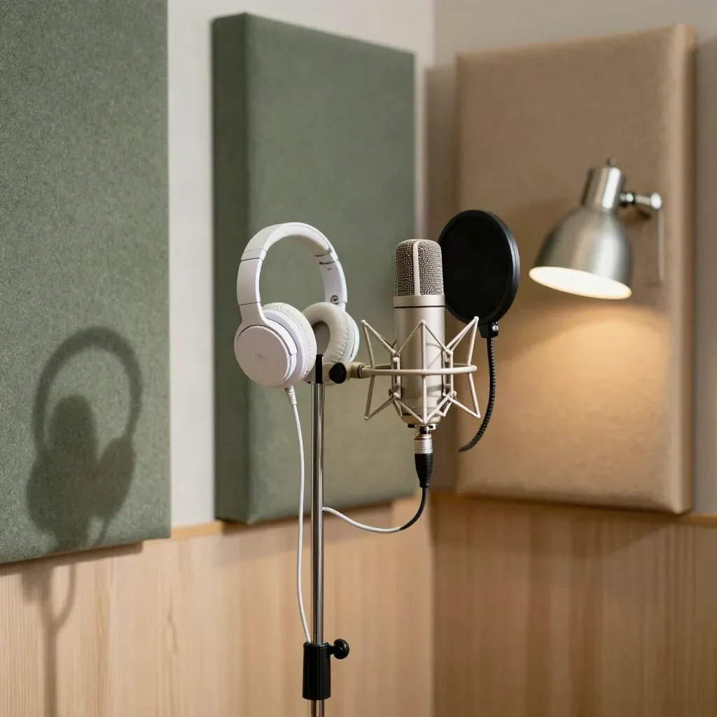 Podcast nook with mic stand and white headphones mid-settle beside acoustic panels and lamp.
